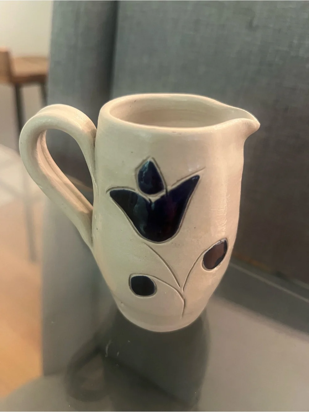 Williamsburg VA Cobalt Blue Salt Glazed Flower Leaf Pottery Pitcher